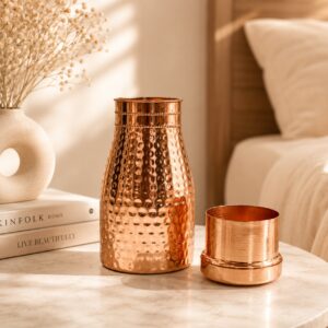 Bedroom Copper Water Jar with Inbuilt Glass | Full Hammered | 1000 ml