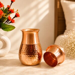 Bedroom Copper Water Jar With Inbuilt Glass | Rajwadi Half Hammered | 750 ml