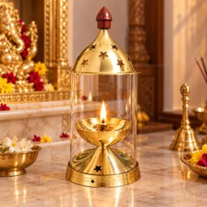 Handcrafted Pure Brass Akhand Diya with Heat-Resistant Borosilicate Glass Chimney