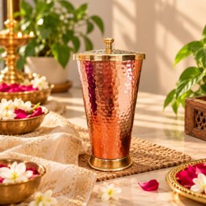 Handcrafted Hammered Pure Copper Tumbler with Brass Lid & Base | 650ml