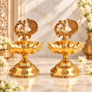 Pure Brass Mayur (Peacock) Diya | Set of 2 | (Mayil Kuthu Vilakku / Nilavilakku)