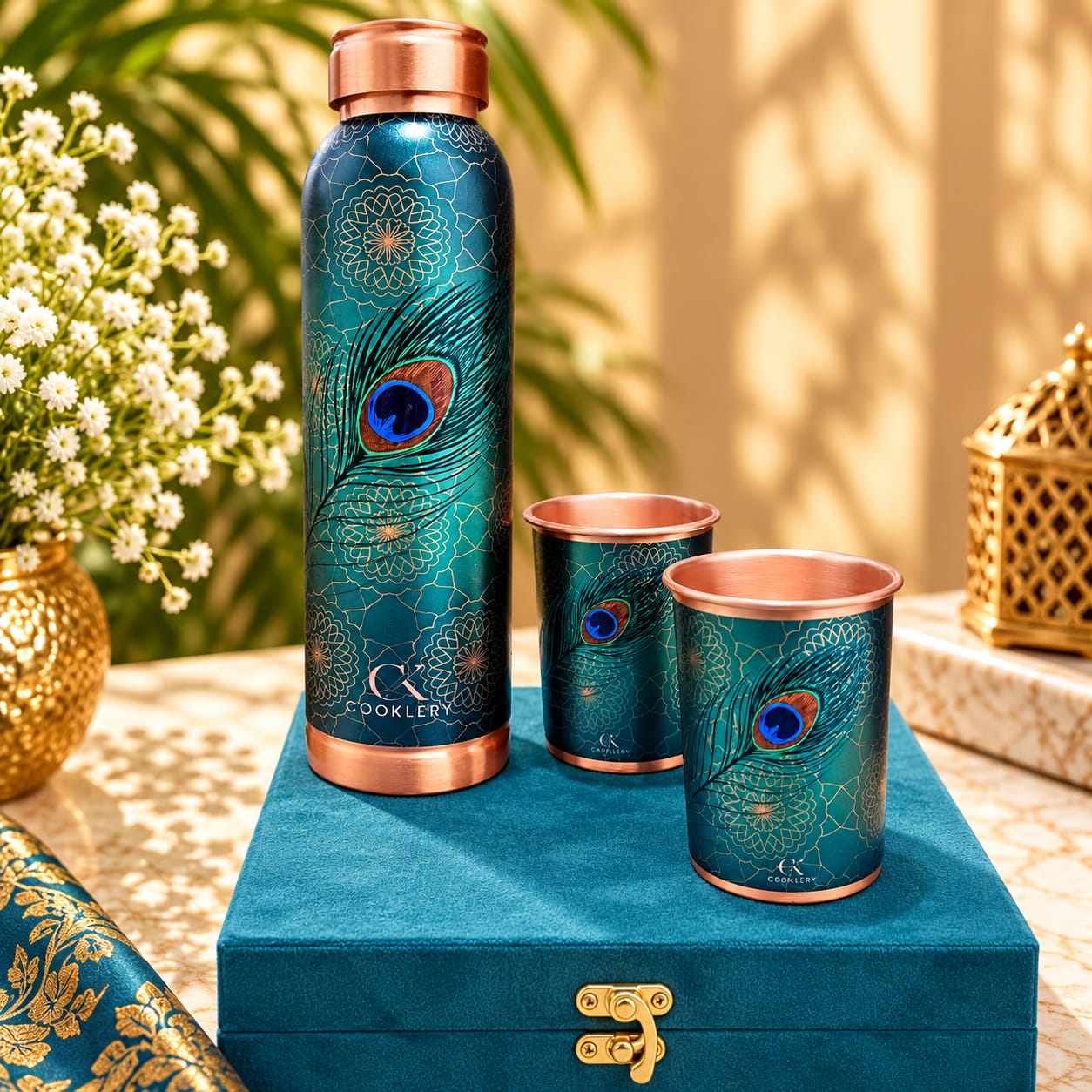 Cooklery UV Print Royal Peacock Pure Copper Bottle & Tumblers Set (3-Piece Gift Box) – 950ml Bottle & 2x 280ml Glasses - Image 3