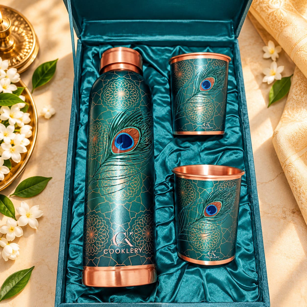 Cooklery UV Print Royal Peacock Pure Copper Bottle & Tumblers Set (3-Piece Gift Box) – 950ml Bottle & 2x 280ml Glasses - Image 4