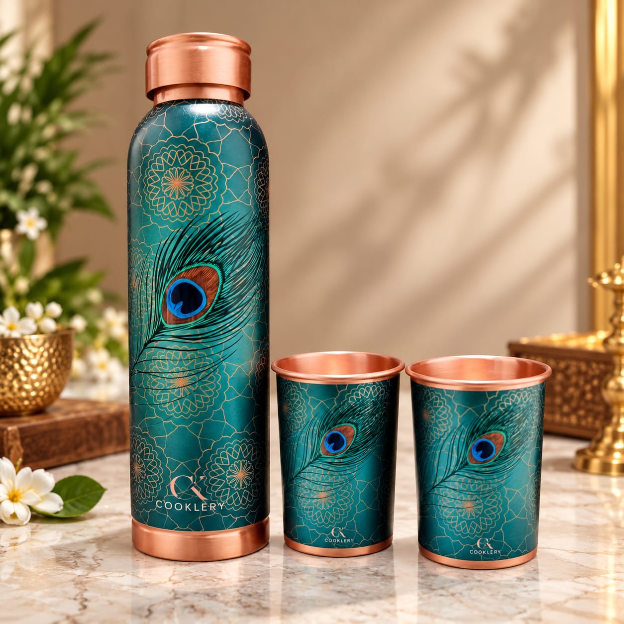 Cooklery UV Print Royal Peacock Pure Copper Bottle & Tumblers Set (3-Piece Gift Box) – 950ml Bottle & 2x 280ml Glasses - Image 5