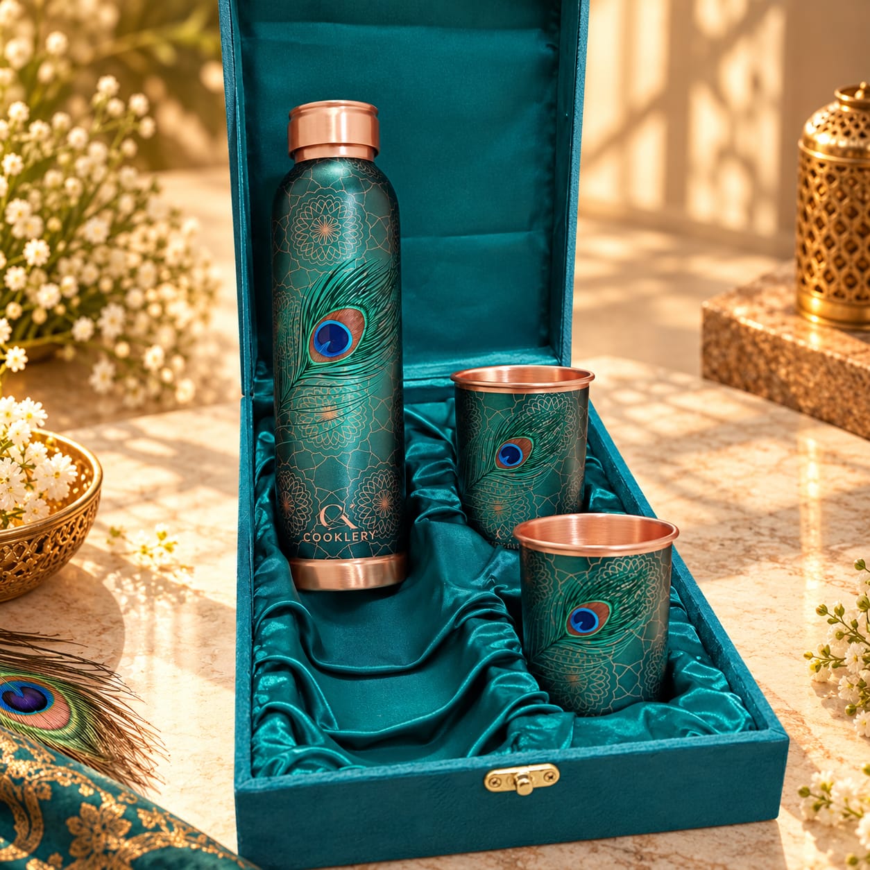 Cooklery UV Print Royal Peacock Pure Copper Bottle & Tumblers Set (3-Piece Gift Box) – 950ml Bottle & 2x 280ml Glasses - Image 6