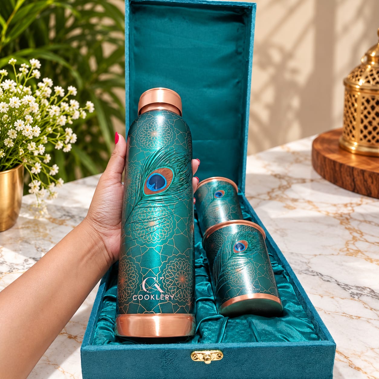 Cooklery UV Print Royal Peacock Pure Copper Bottle & Tumblers Set (3-Piece Gift Box) – 950ml Bottle & 2x 280ml Glasses - Image 8