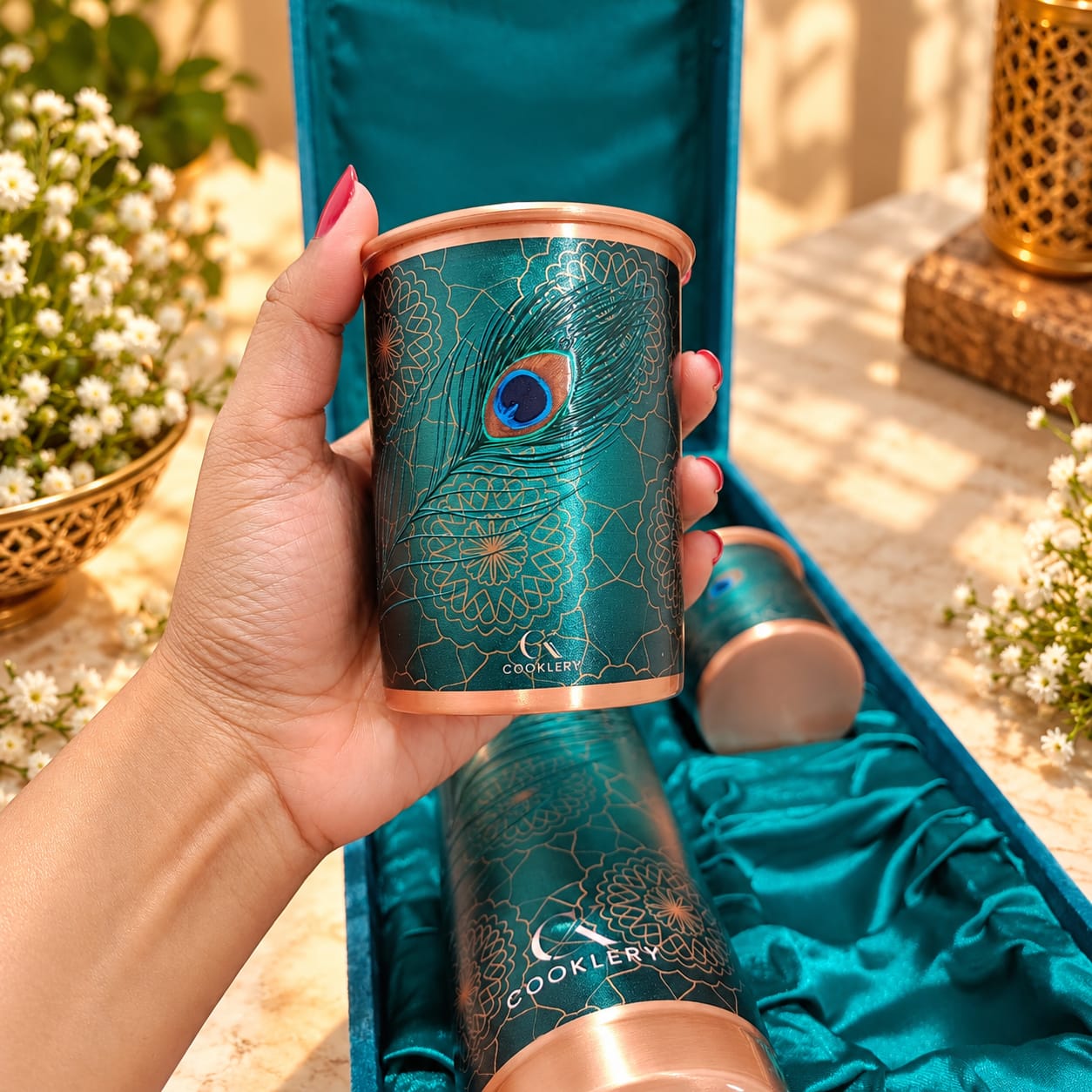 Cooklery UV Print Royal Peacock Pure Copper Bottle & Tumblers Set (3-Piece Gift Box) – 950ml Bottle & 2x 280ml Glasses - Image 9