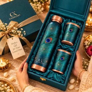 Cooklery UV Print Royal Peacock Pure Copper Bottle & Tumblers Set (3-Piece Gift Box) – 950ml Bottle & 2x 280ml Glasses