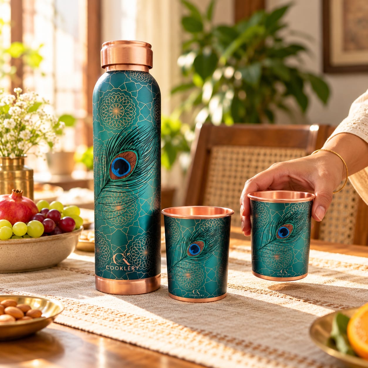Cooklery UV Print Royal Peacock Pure Copper Bottle & Tumblers Set (3-Piece Gift Box) – 950ml Bottle & 2x 280ml Glasses - Image 10